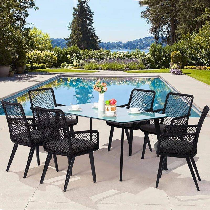7PCS DEVOKO Rope Patio Dining Set with Cushions Table Top: Without glass