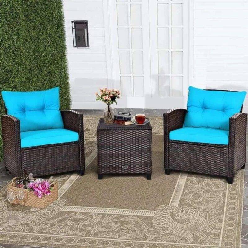 3-Piece Rattan Patio Sofa Set: Skyblue & Darkbrown