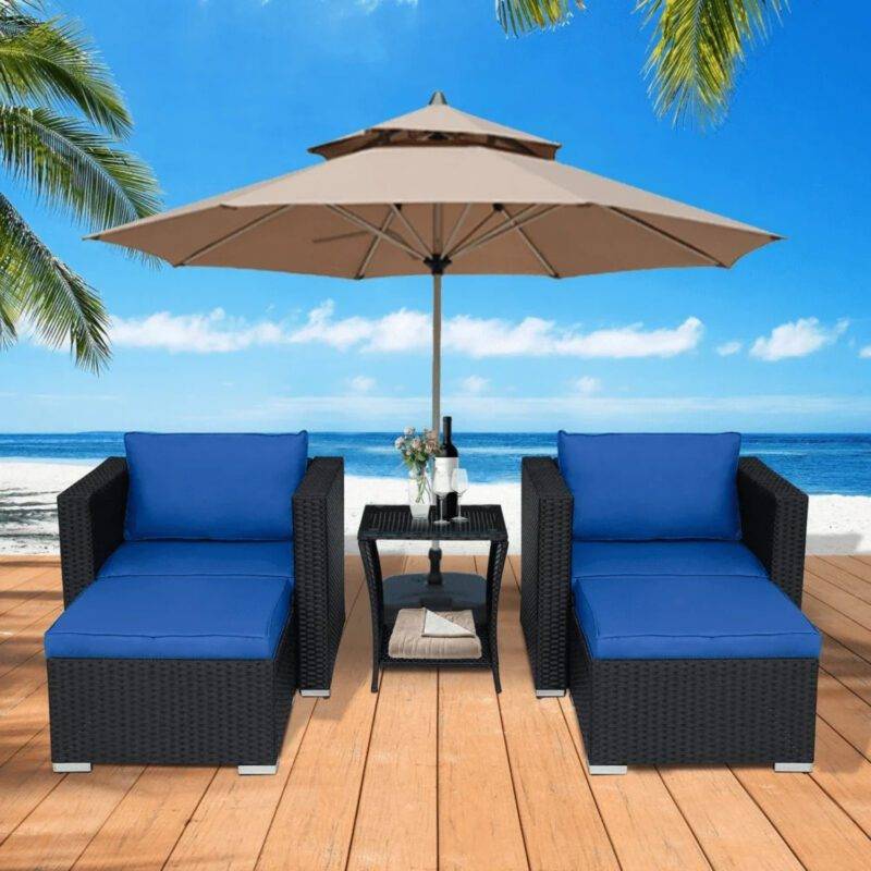 5pc Patio Rattan Set (Black/Blue)
