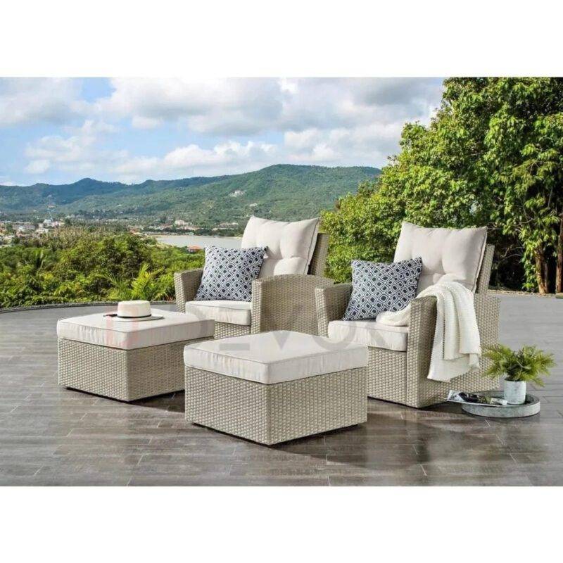 DEVOKO 4-Piece Rattan Garden Set: with Beige Wicker & White Cushions