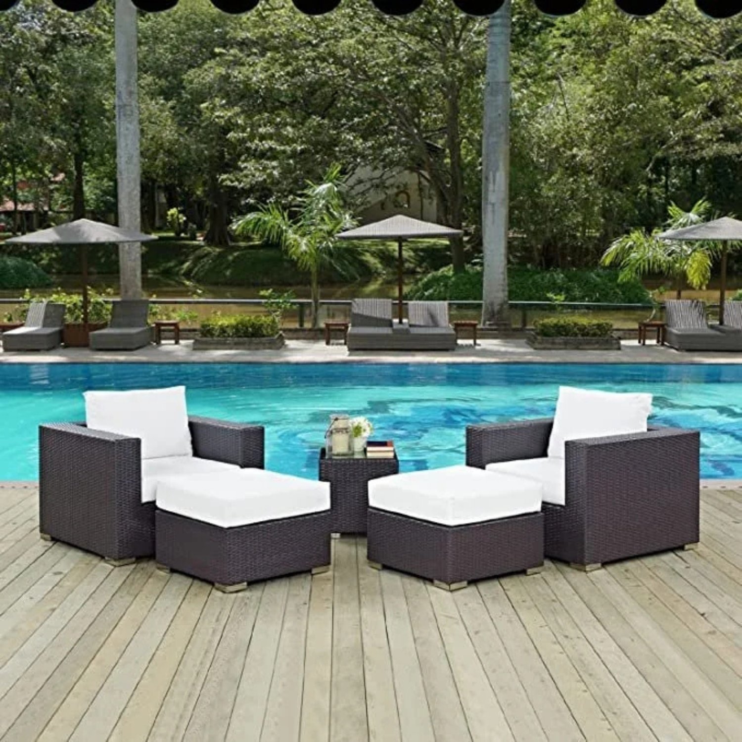 Dark Brown & White Outdoor Rattan Sofa Set with Ottoman and Table