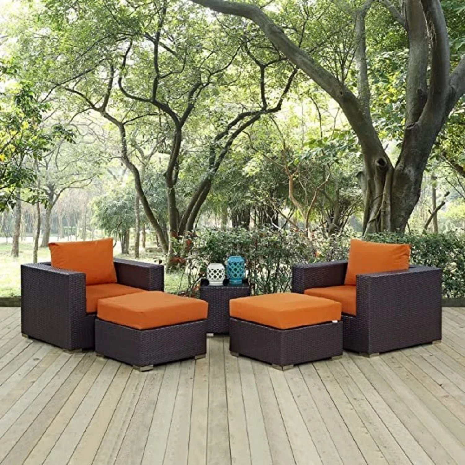 DEVOKO 5-Piece Outdoor Rattan Sofa Set (Dark Brown & Orange)