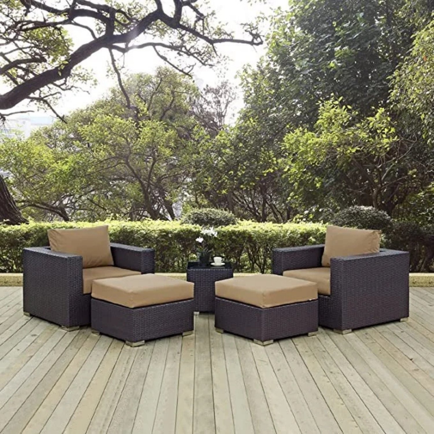 DEVOKO 5-Piece Outdoor Patio Sofa Set with Table & Ottomans - Dark Brown & Beige