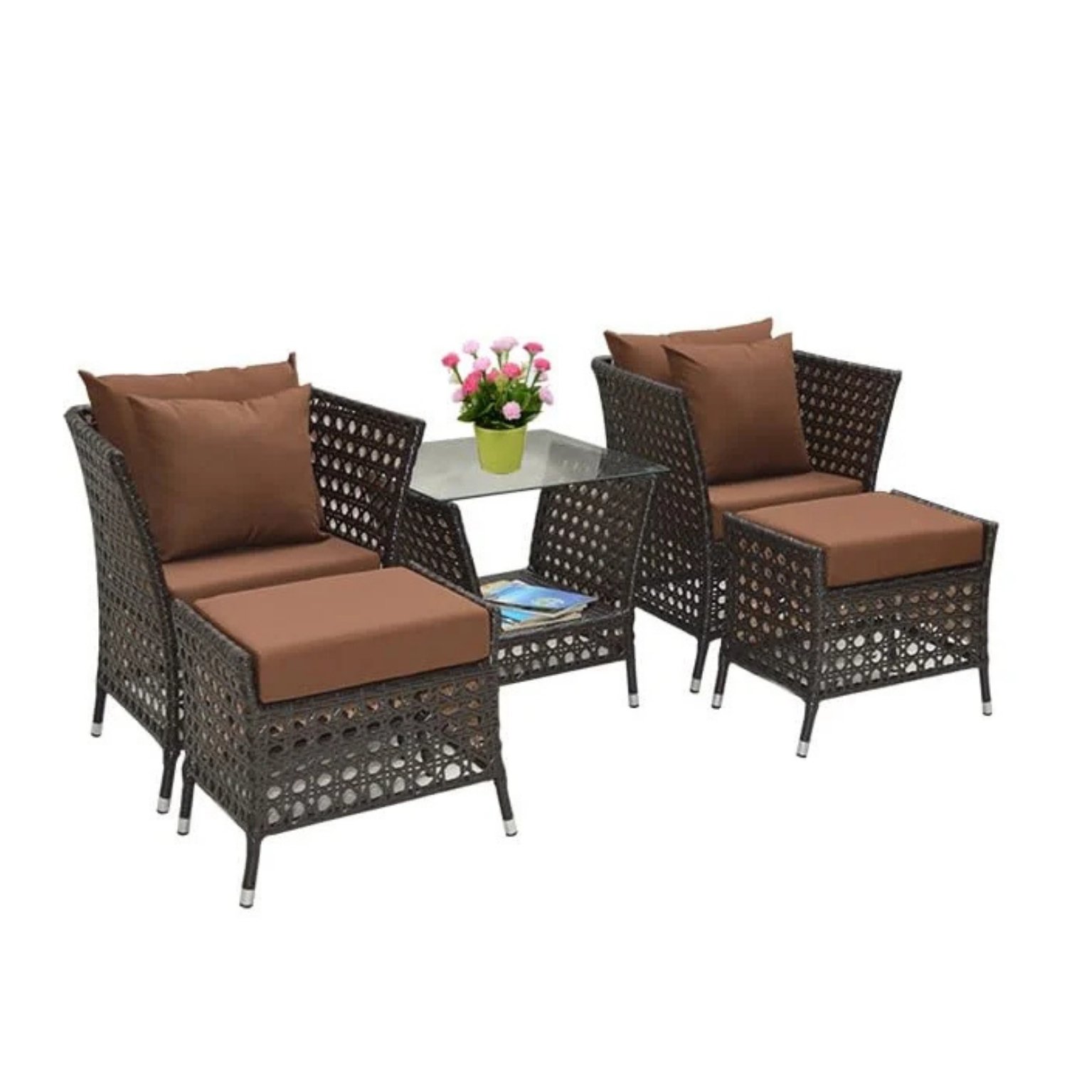 DEVOKO 5 Piece Wicker Conversation Set (Dark Brown)