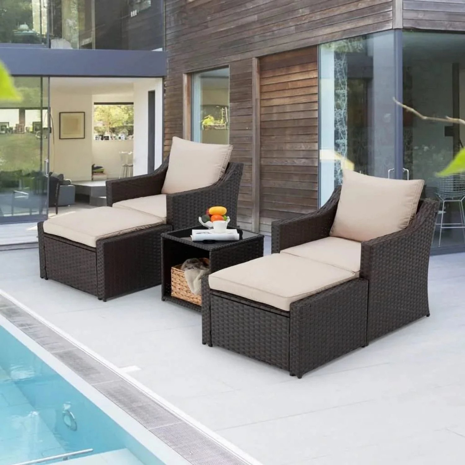 DEVOKO 5-Piece Patio Furniture Set with Cushions & Table (Dark Brown/Cream)