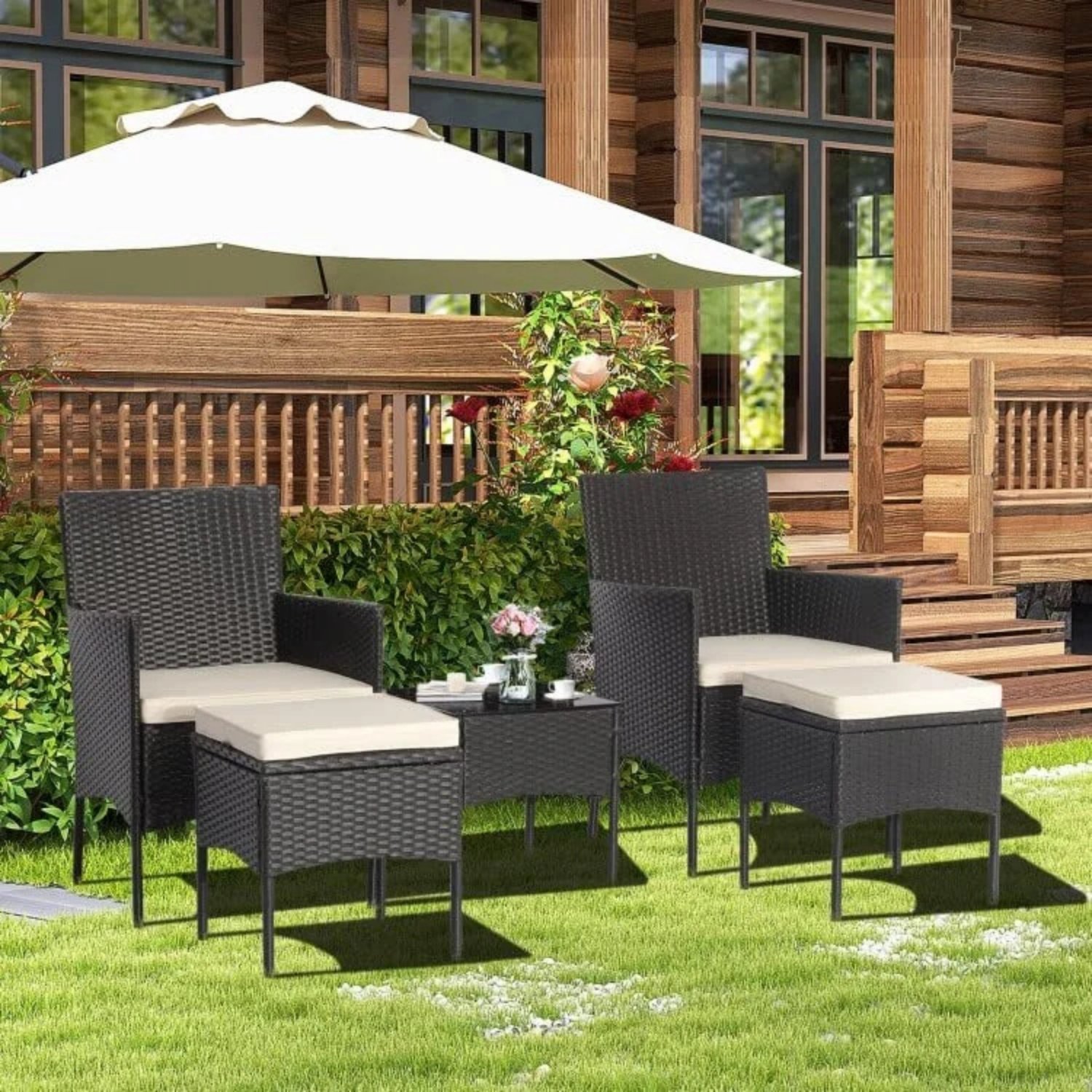 DEVOKO 5pc Wicker Patio Furniture Set (Black/Cream)