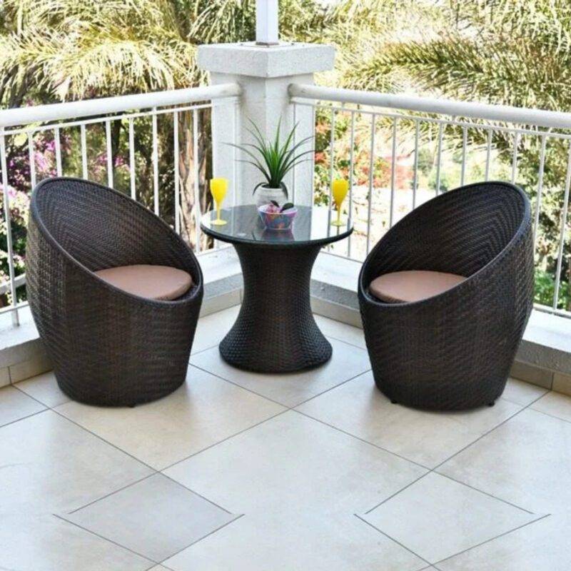 3-Piece Rattan Wicker Patio Set: 2 Chairs + Glass Table (Dark Brown & Cream)