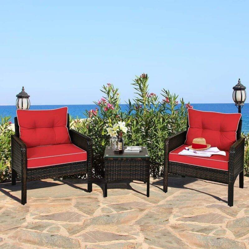3-Piece Rattan Wicker Patio Furniture Set - Dark Brown/Red