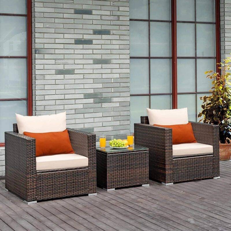 Devoko 3-Piece Outdoor Rattan Conversation Set (Dark Brown/Cream)