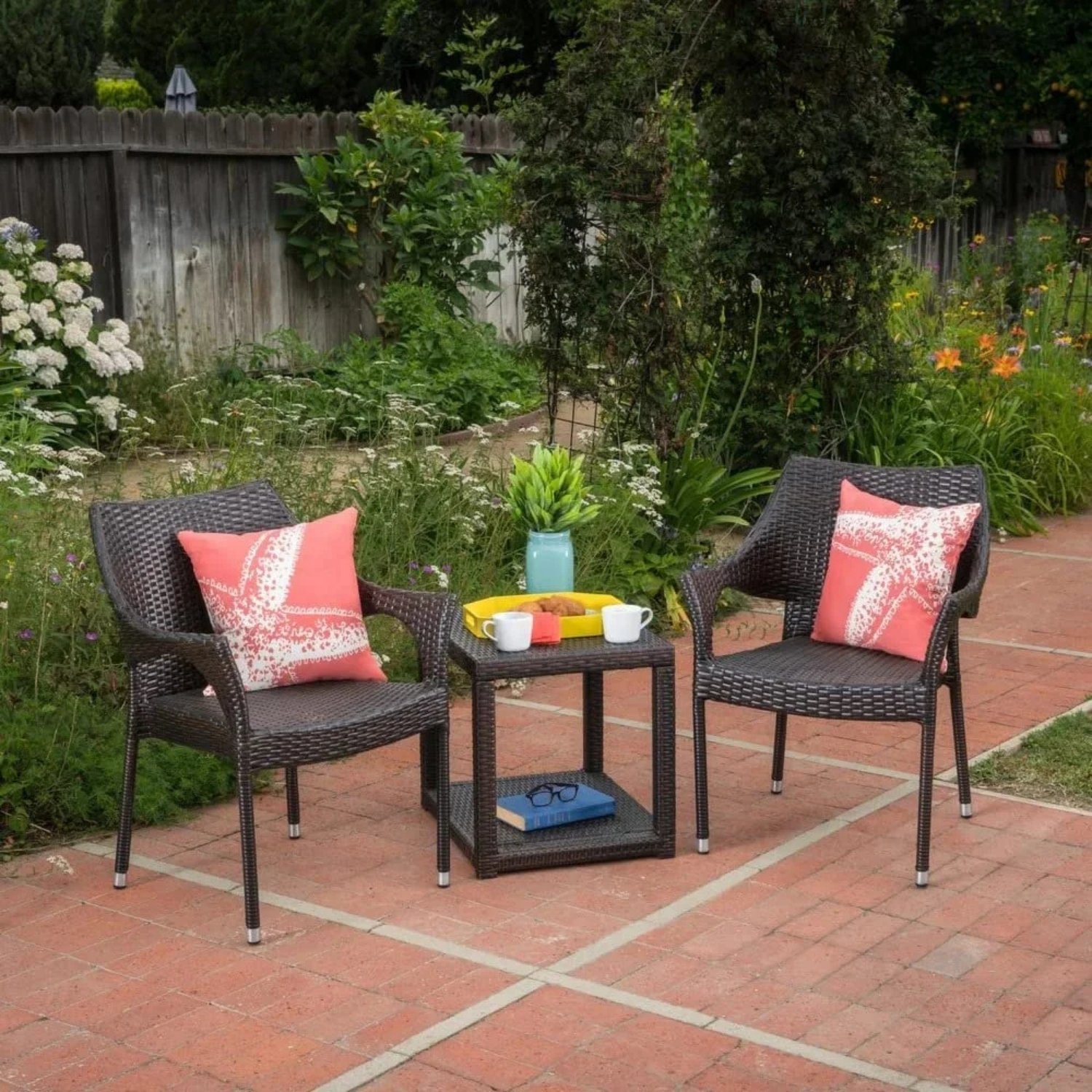 DEVOKO 3-Piece Rattan Patio Furniture Set (Dark Brown)