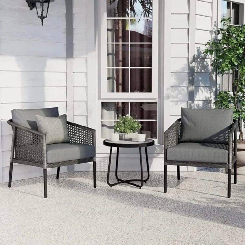 Devoko 3-Piece Patio Set - Black Wicker & Grey Cushion