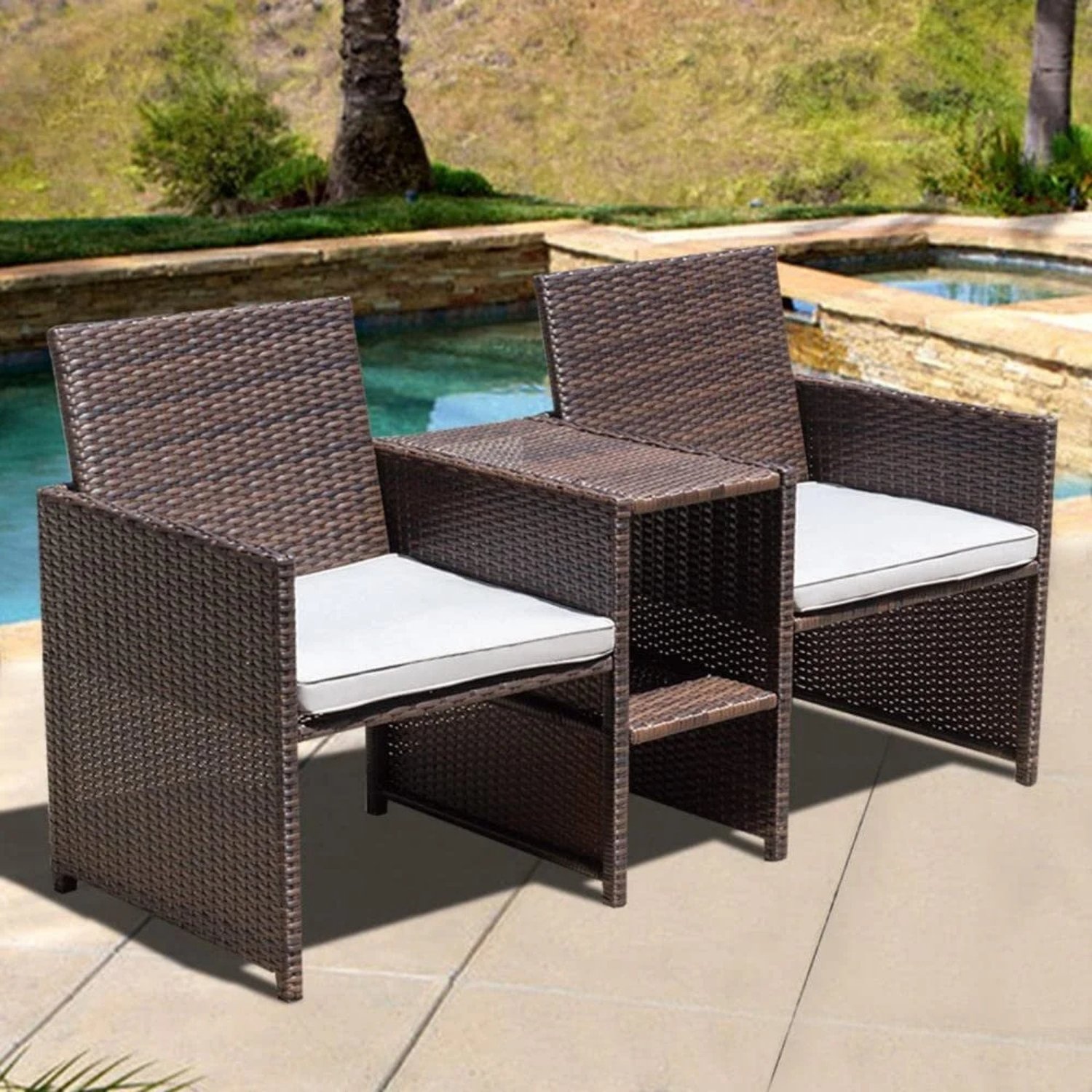DEVOKO 3-Piece Rattan Wicker Patio Furniture Set (Dark Brown/Grey)