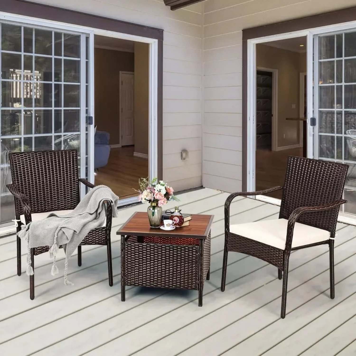 Devoko 3-Piece Rattan Patio Furniture Set (Dark Brown/White)