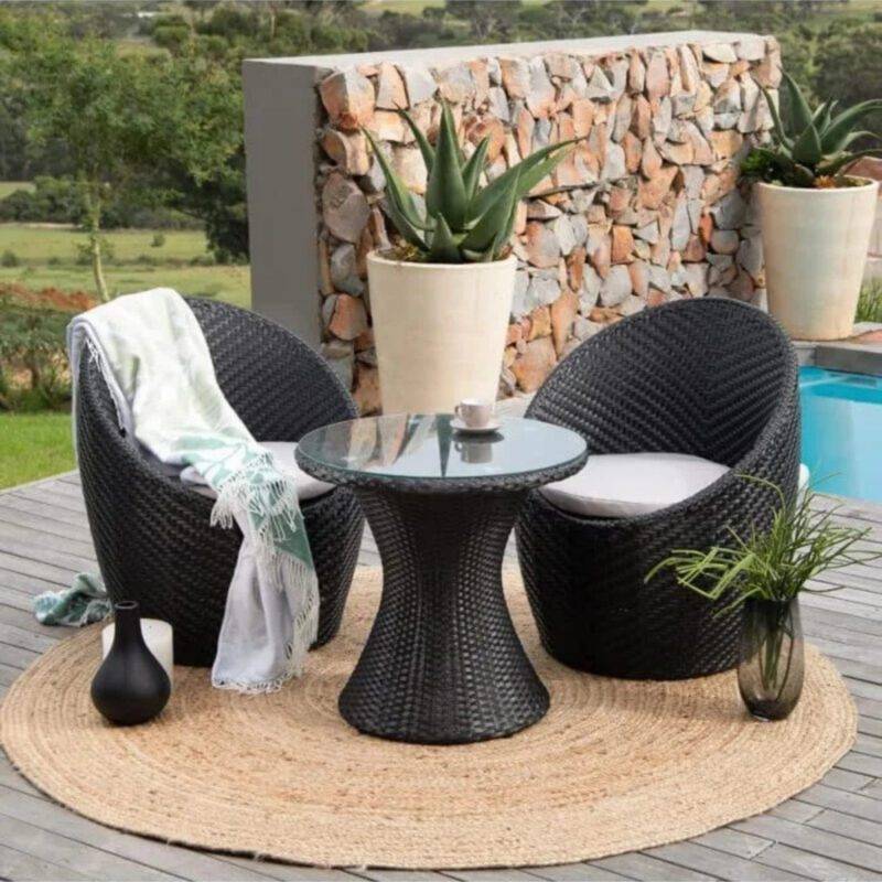 Outdoor HDPE Wicker Furniture Set with Cushions - Small Space Garden & Backyard Set (Black & Off White)