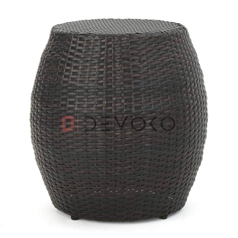 "Dark Brown Rattan Damru Accent Table for Patio, Lightweight & Sturdy"