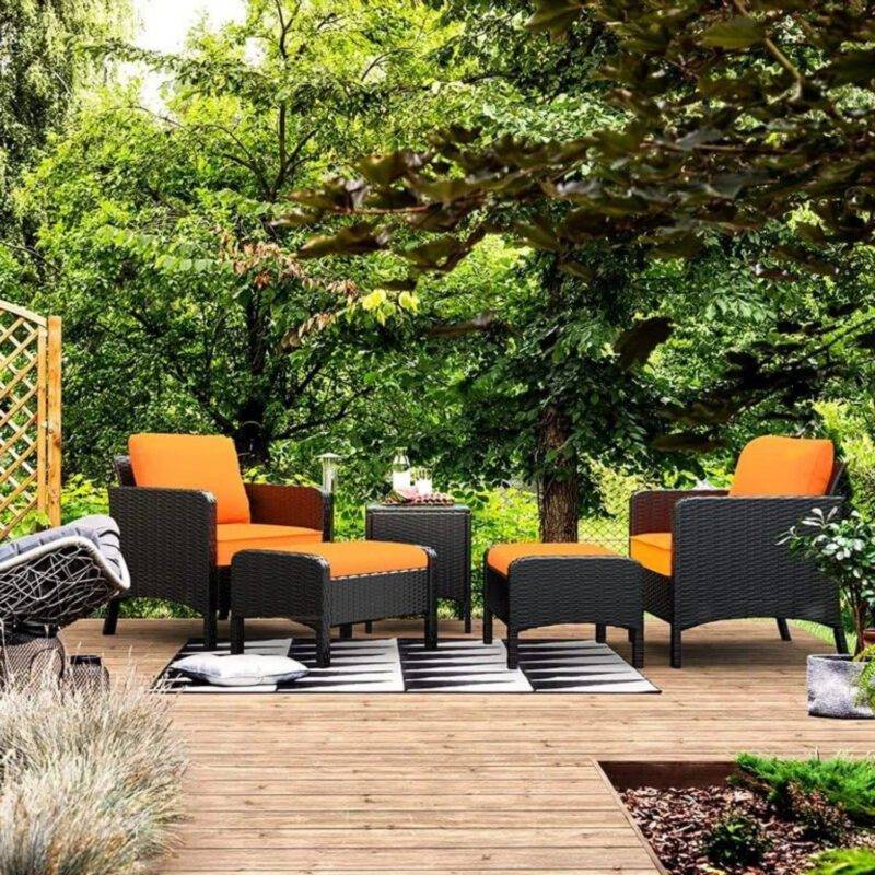 5 Piece Patio Wicker Furniture Set (Black/Orange)