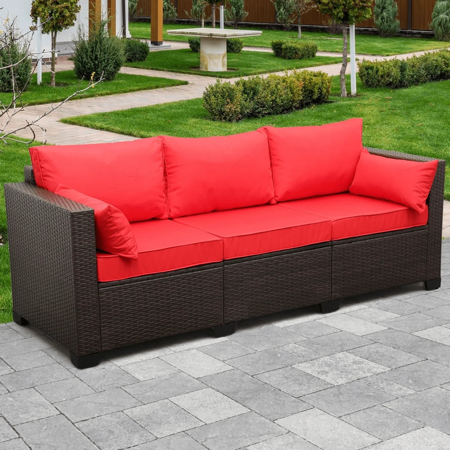 Dark Brown Red 3-Seater Patio Wicker Sofa (High Back, Non-Slip Cushioned)