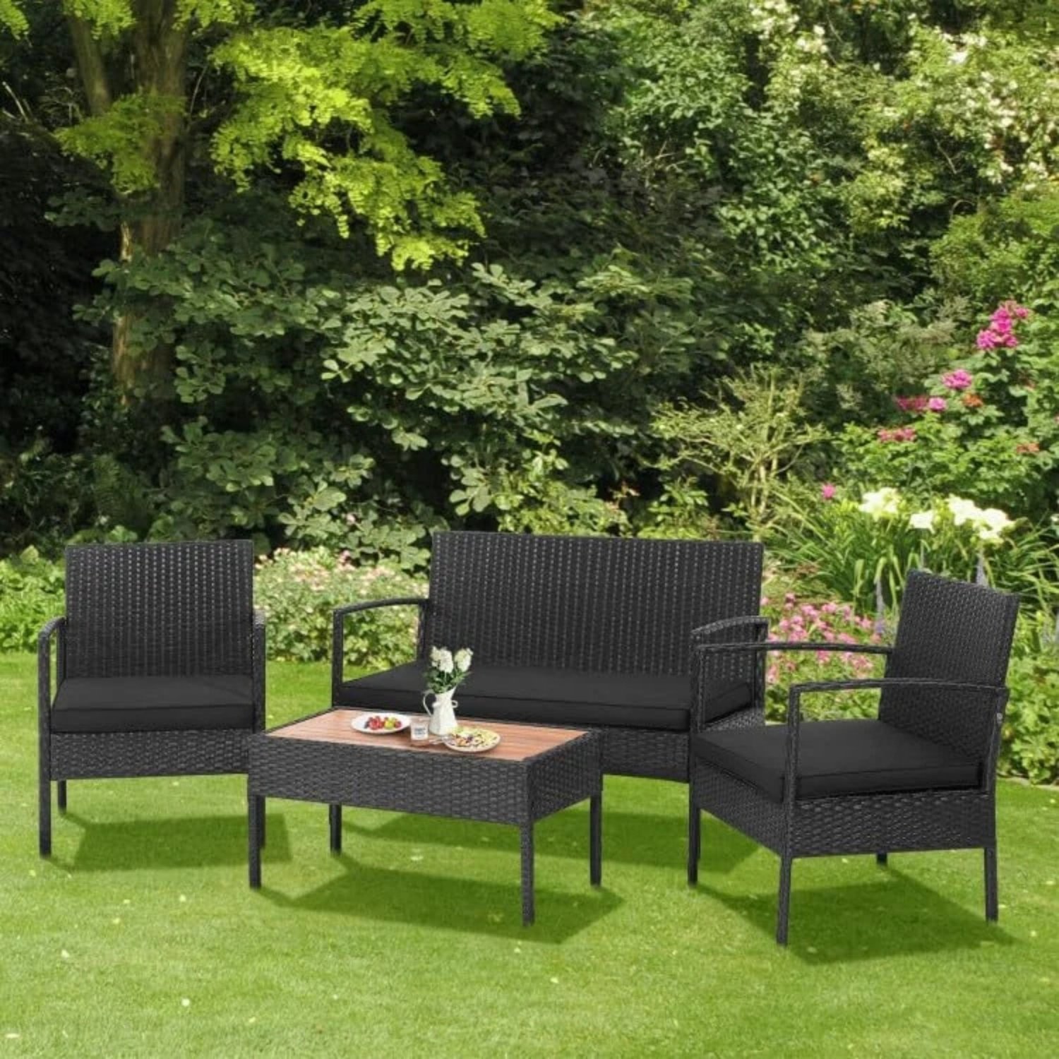 DEVOKO 4PCS Outdoor Patio Rattan Furniture Set (Black and Black)