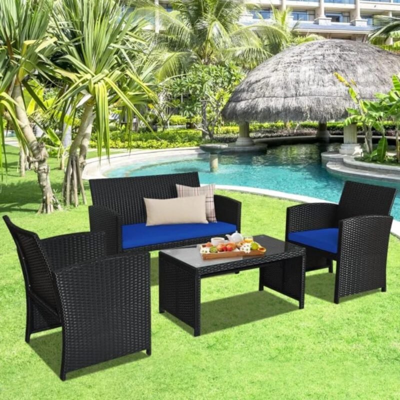 DEVOKO 4PCS Outdoor Patio Rattan Furniture Set (Black and Blue)