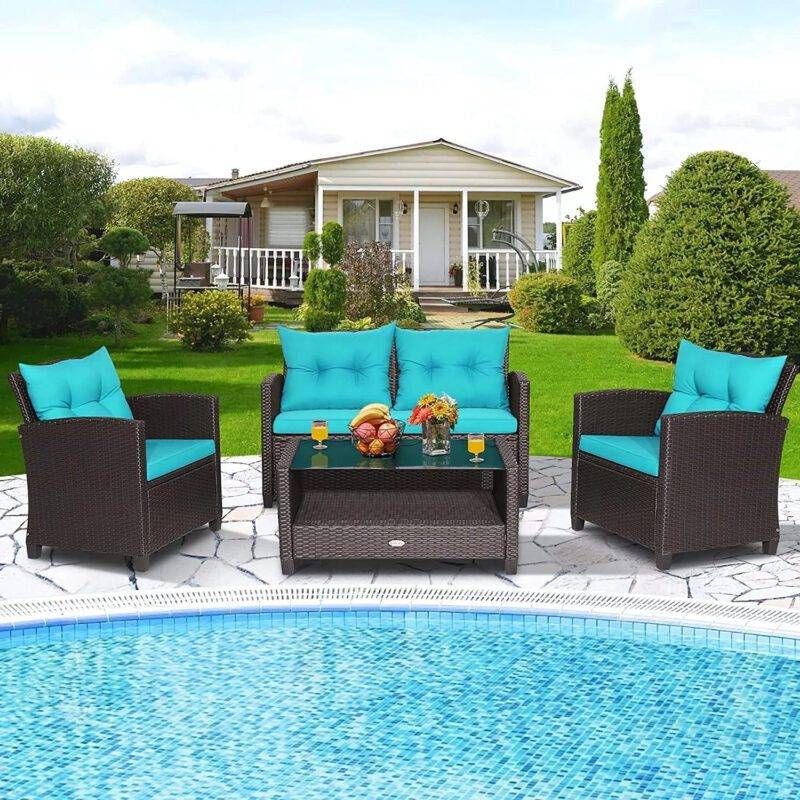 Devoko 4PC Wicker Patio Furniture Set with Cushions (Dark Brown & Sky Blue)