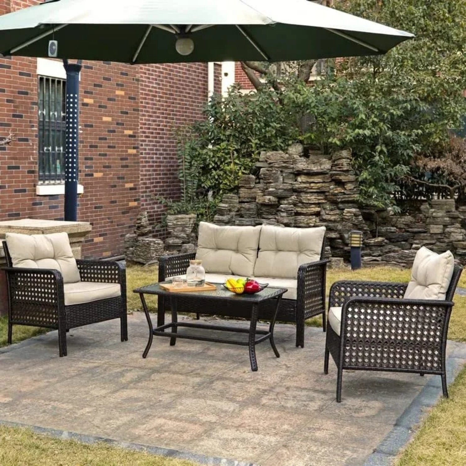 DEVOKO 4PCS Patio Wicker Furniture Set (Dark Brown & Cream)