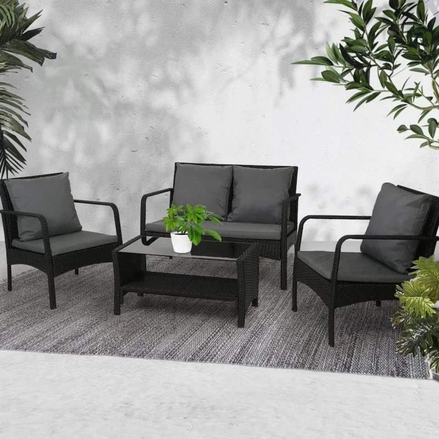 DEVOKO Outdoor Patio Sectional Sofa Set with Cushions & Table (Black & Grey)