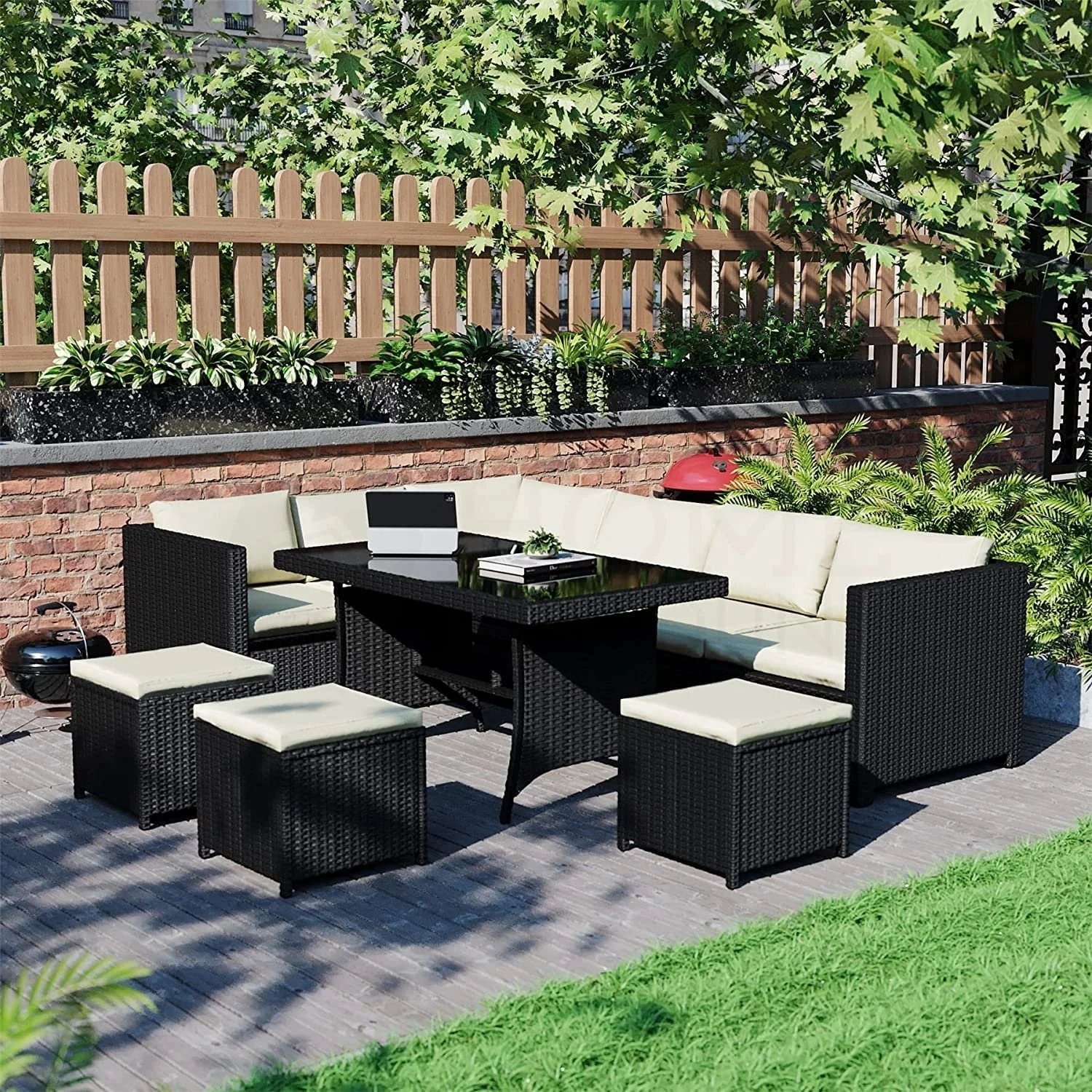 6-Piece Outdoor Wicker Patio Dining Set - Black/Cream