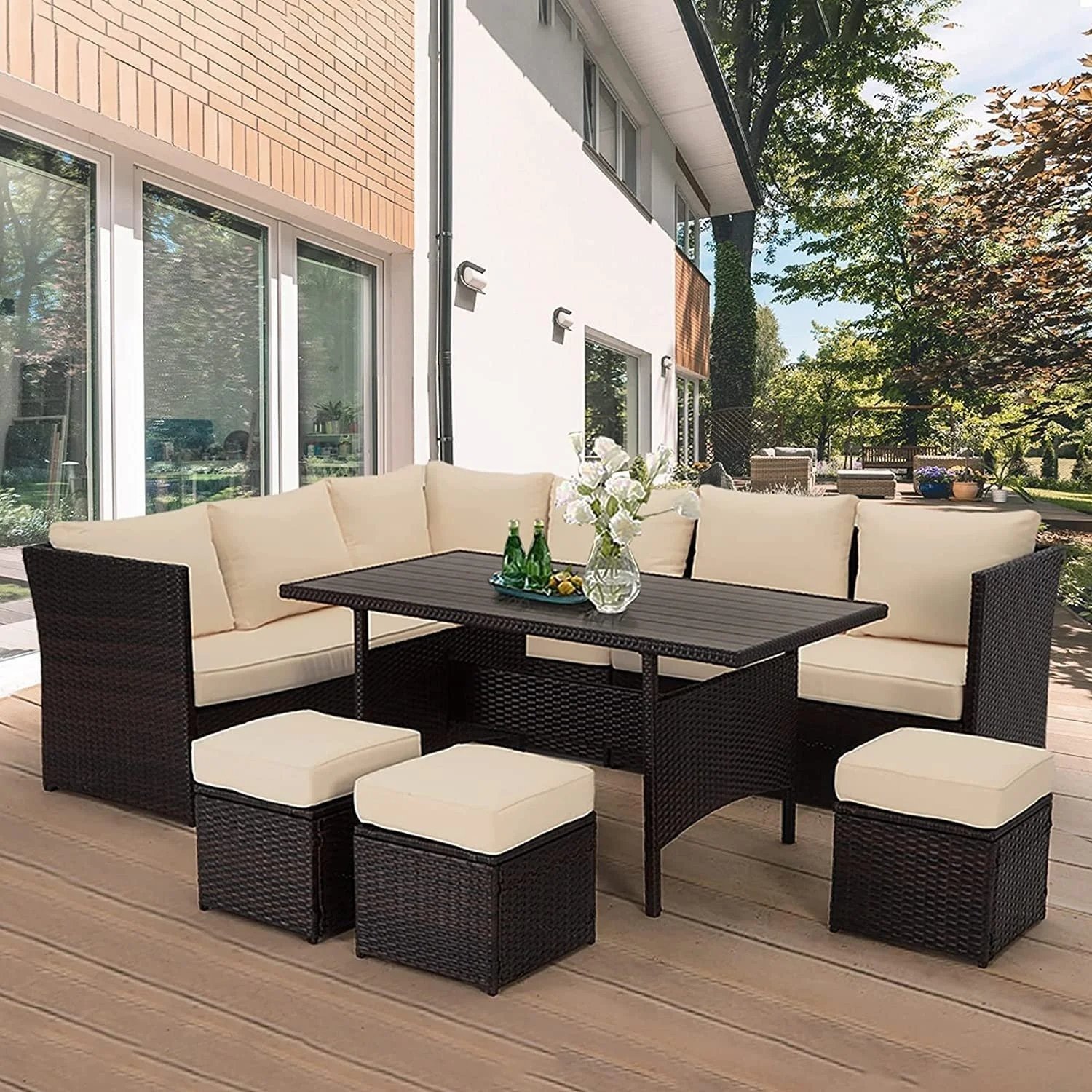 DEVOKO 6-pcs Wicker Sofa Dining Set - Dark Brown/Cream