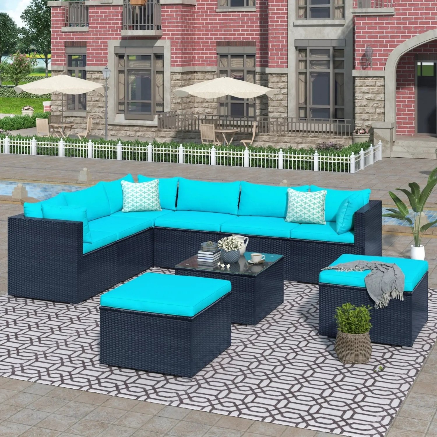 DEVOKO 5-Piece Outdoor Wicker Furniture Set Modern Outdoor L-Shaped Couch (Black & Turquois Blue)