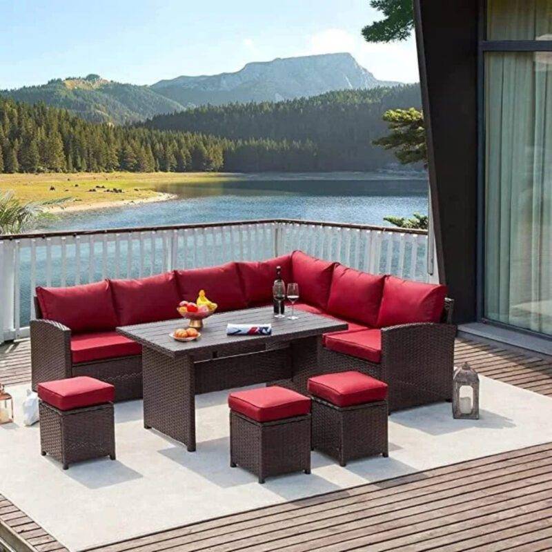 DEVOKO 7-Piece Outdoor Patio Furniture Set - Dark Brown & Red