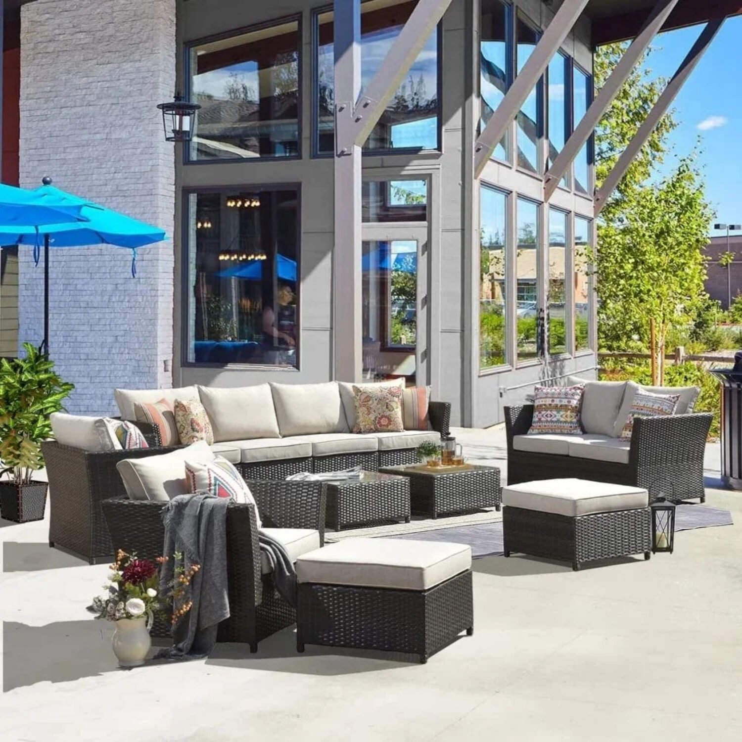 DEVOKO Outdoor Wicker Sectional Set (Dark Brown/Cream)