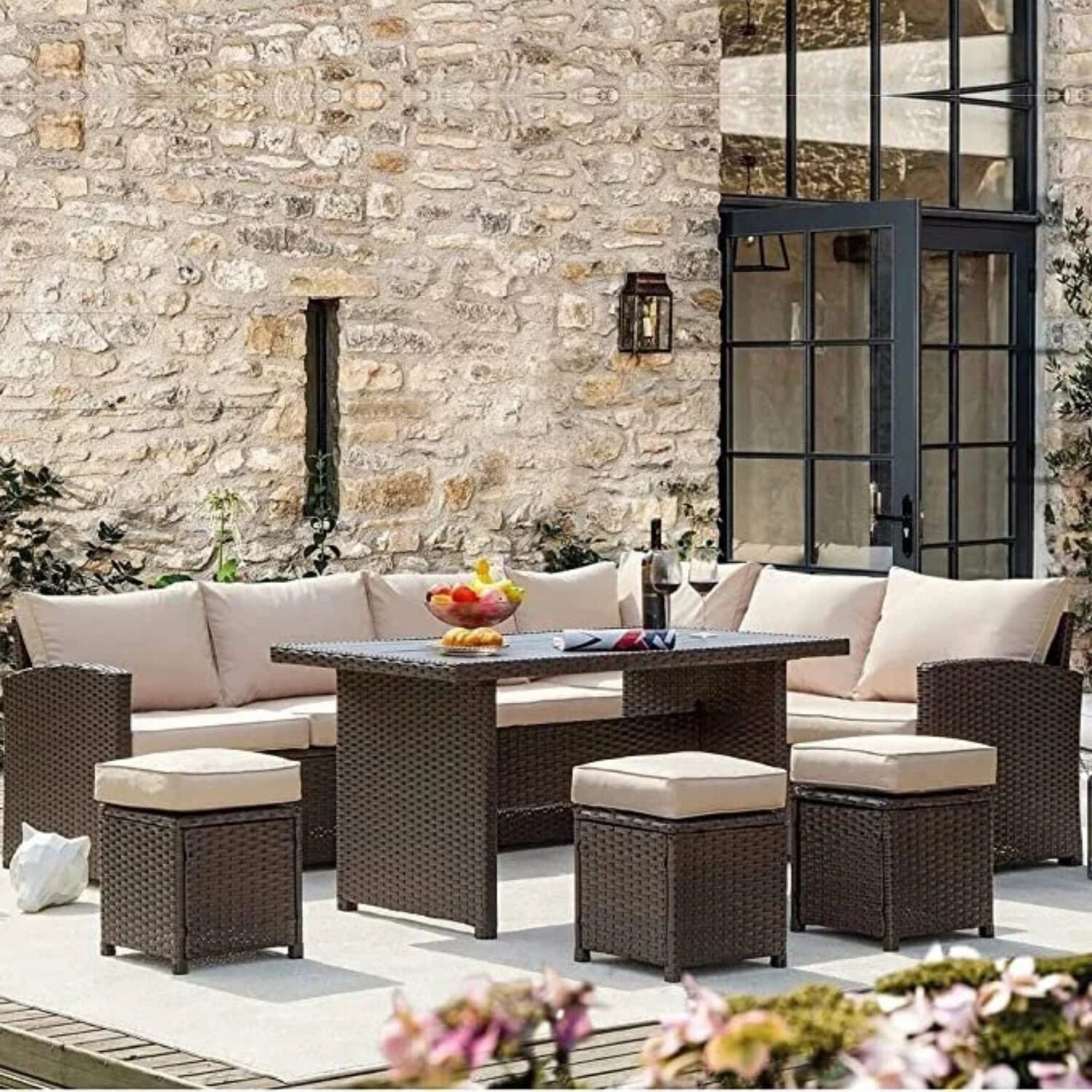 DEVOKO All-Weather Wicker Sofa Set with Ottomans and Table: Dark Brown & Cream