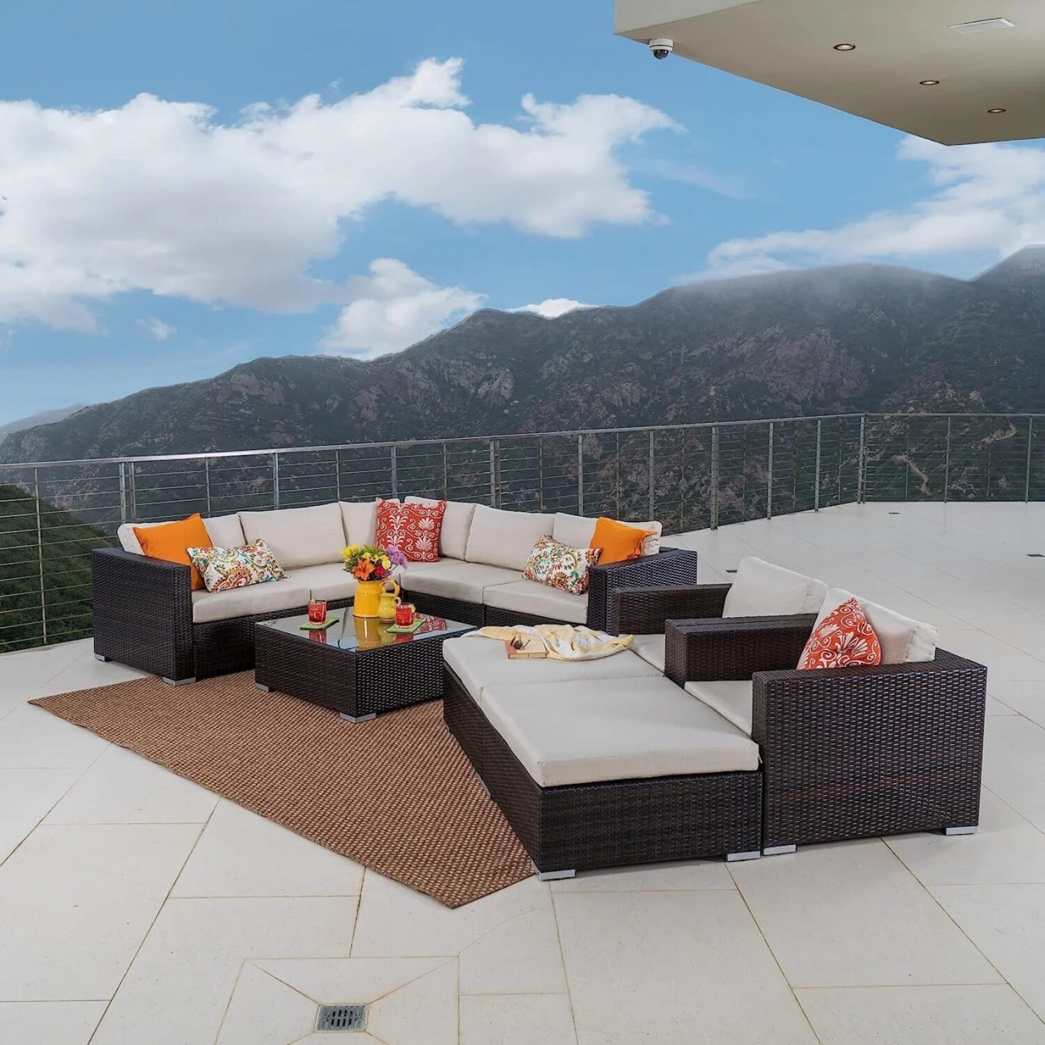 DEVOKO 7-Piece Rattan Sectional Sofa Set (Dark Brown/Cream)