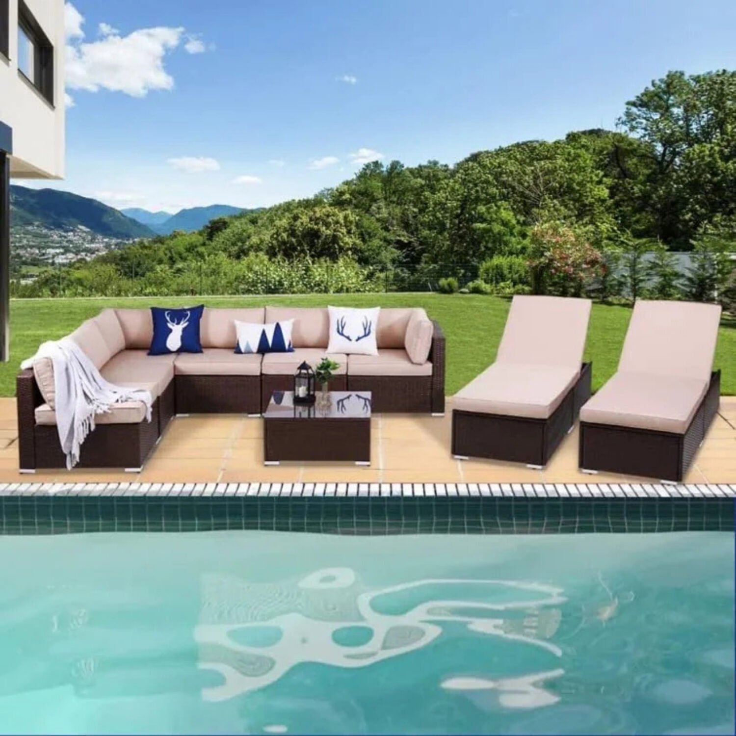 Outdoor Lounge Set with Cushions (Dark Brown/Cream)