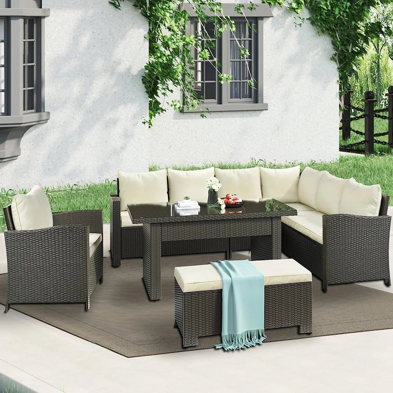5-Piece Outdoor Patio Furniture Set with Dining Table and Chairs - Dark Brown/Cream