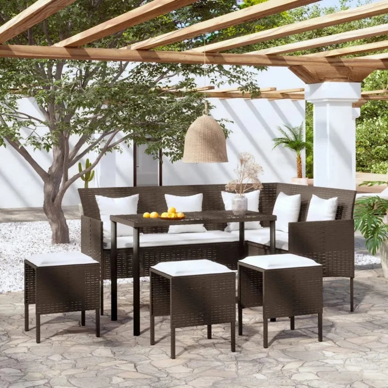 DEVOKO 6-Piece Patio Furniture Set with Dining Table - Dark Brown Rattan/White Cushions