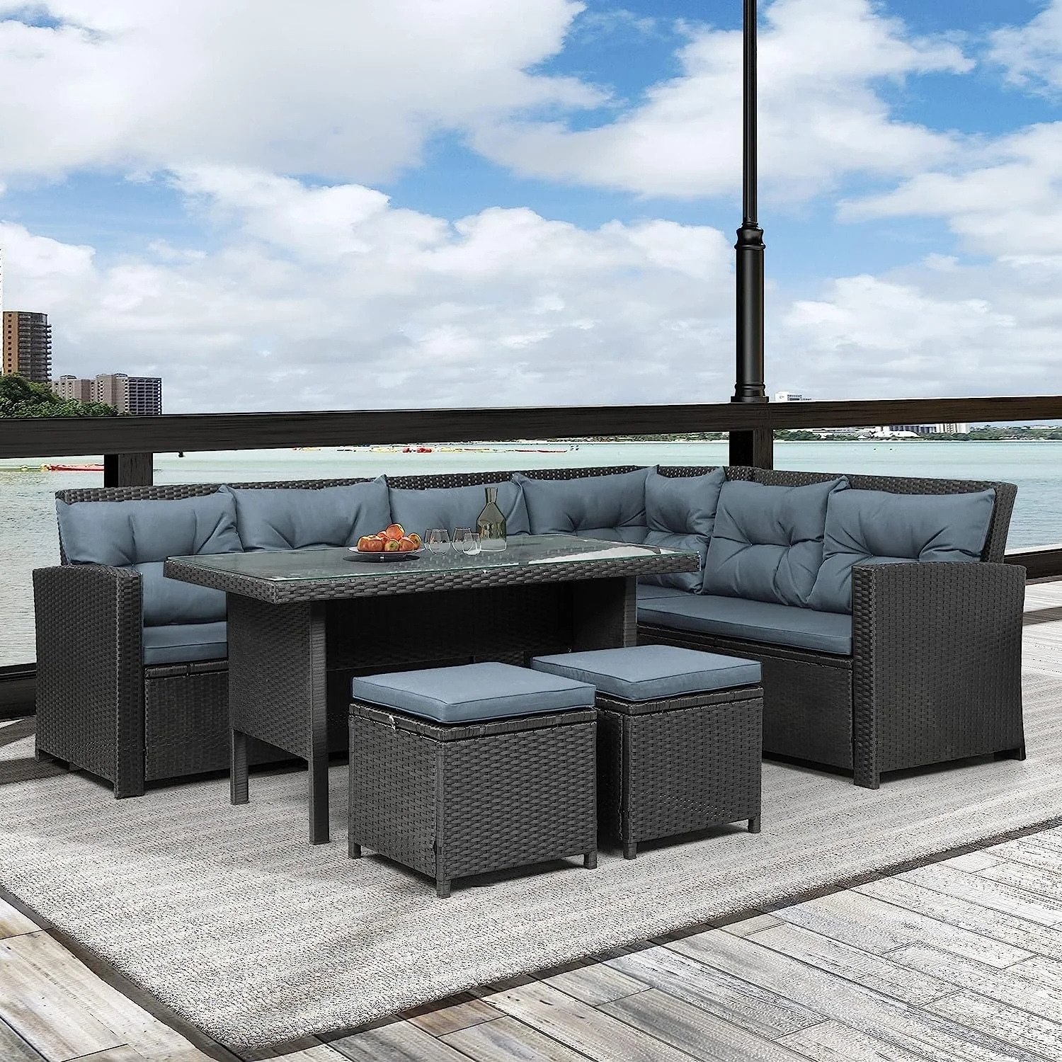 DEVOKO 6-Piece Outdoor Patio Furniture Set - Dark Brown & Cyan Blue