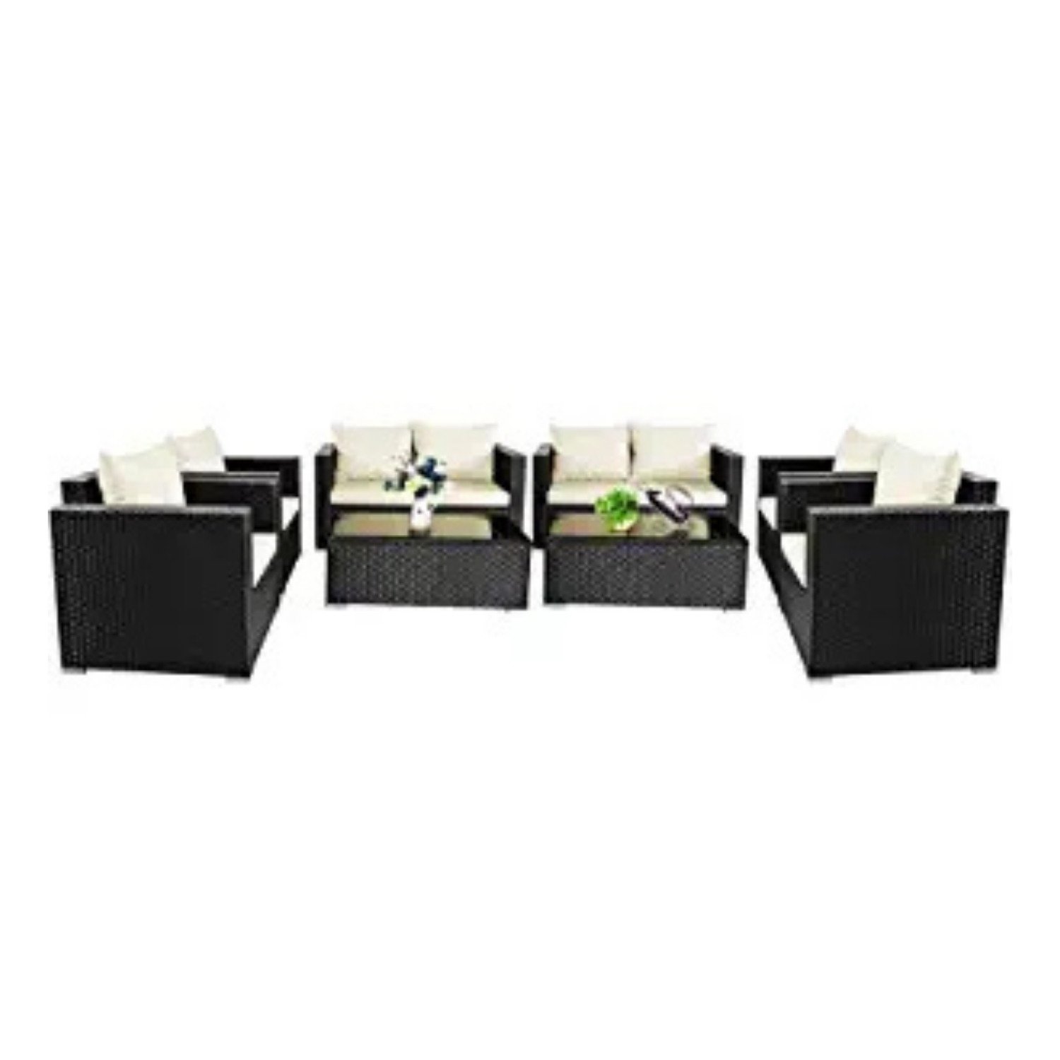 Black & White All-Weather Patio Furniture Set with Glass Table and Cushions