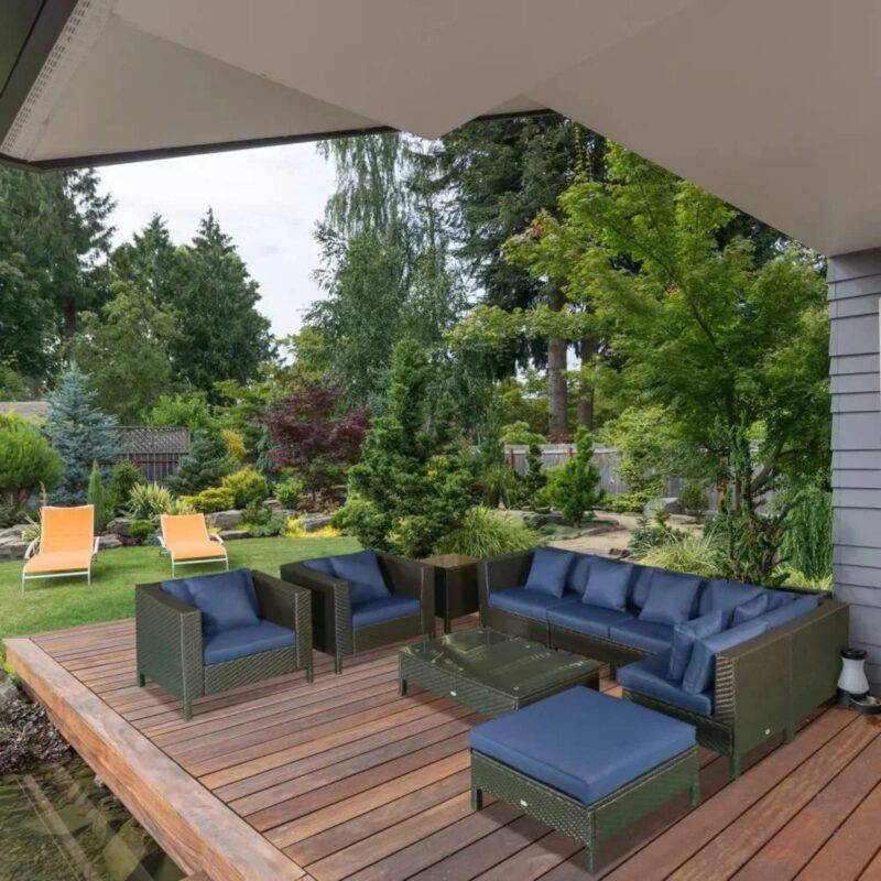 DEVOKO 7-Piece Outdoor Patio Conversation Set: Dark Brown & Navy Blue
