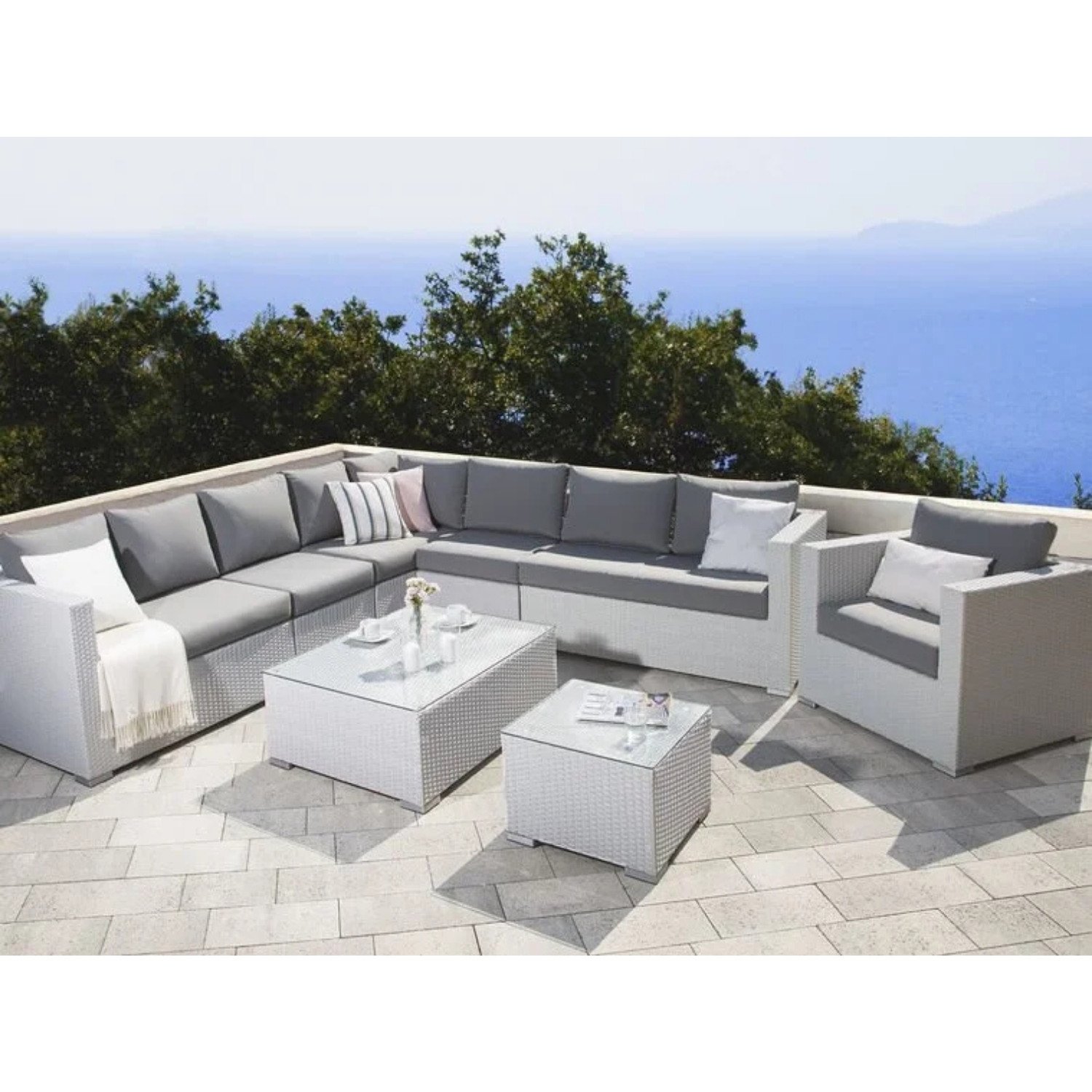 Devoko 7-Piece L-Shaped Outdoor Sectional Sofa with Manual Weaving Wicker, White Sofa & Grey Cushions