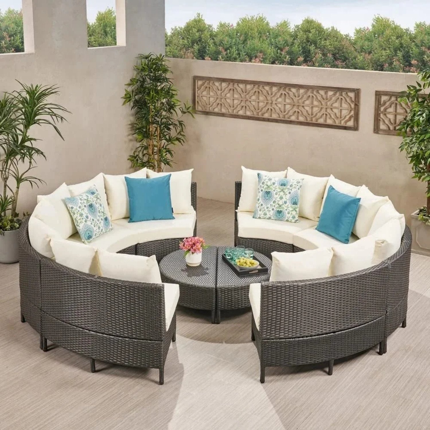 DEVOKO Oval 10PCS Patio Furniture Set (Dark Brown & Light Cream)