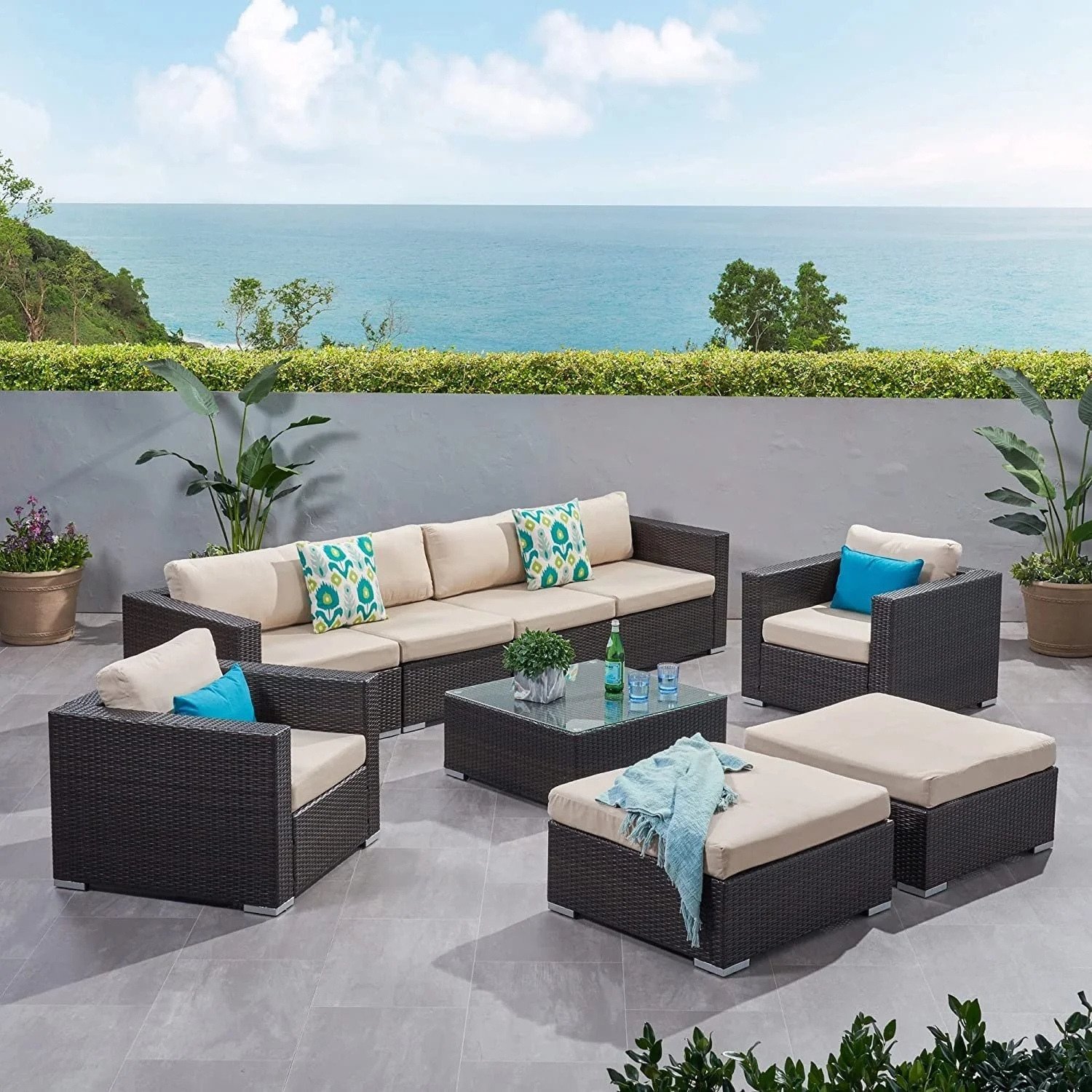 DEVOKO Outdoor Sectional Sofa Set (Dark Brown/Cream)