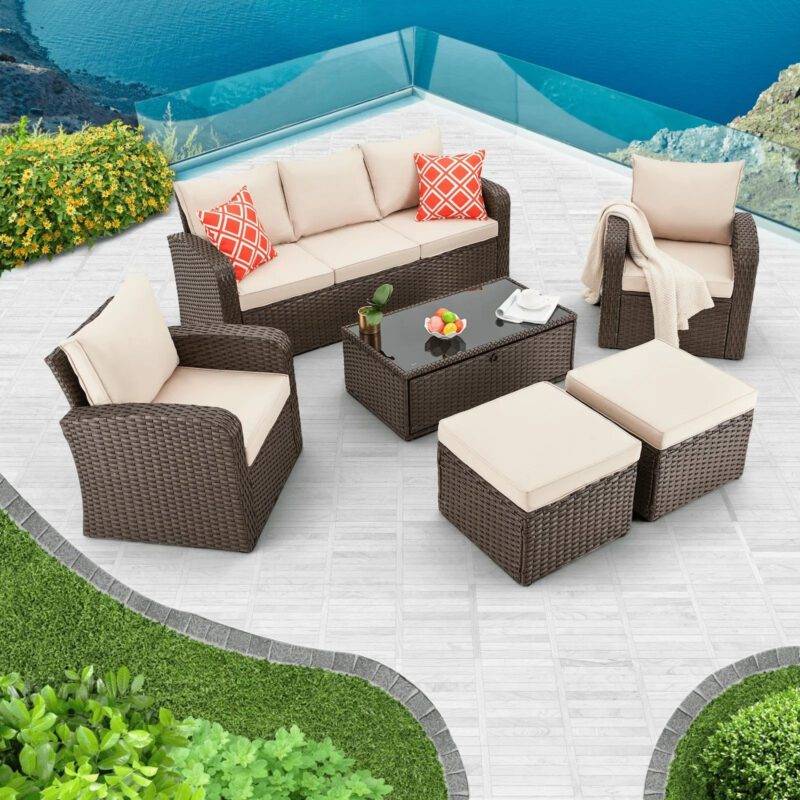 DEVOKO 6 Pieces Outdoor Wicker Dining Patio Furniture Sets with Ottoman(Dark Brown & Cream)