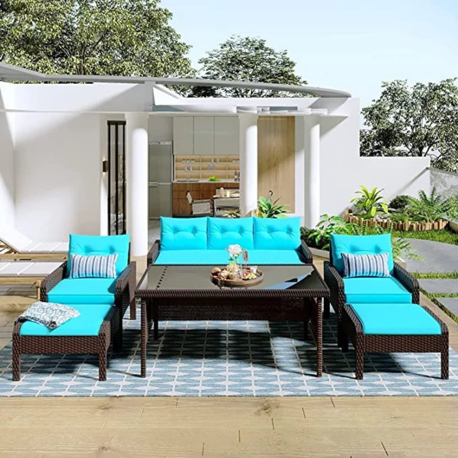 DEVOKO 6-Piece Outdoor Patio Conversation Set - Dark Brown & SkyBlue
