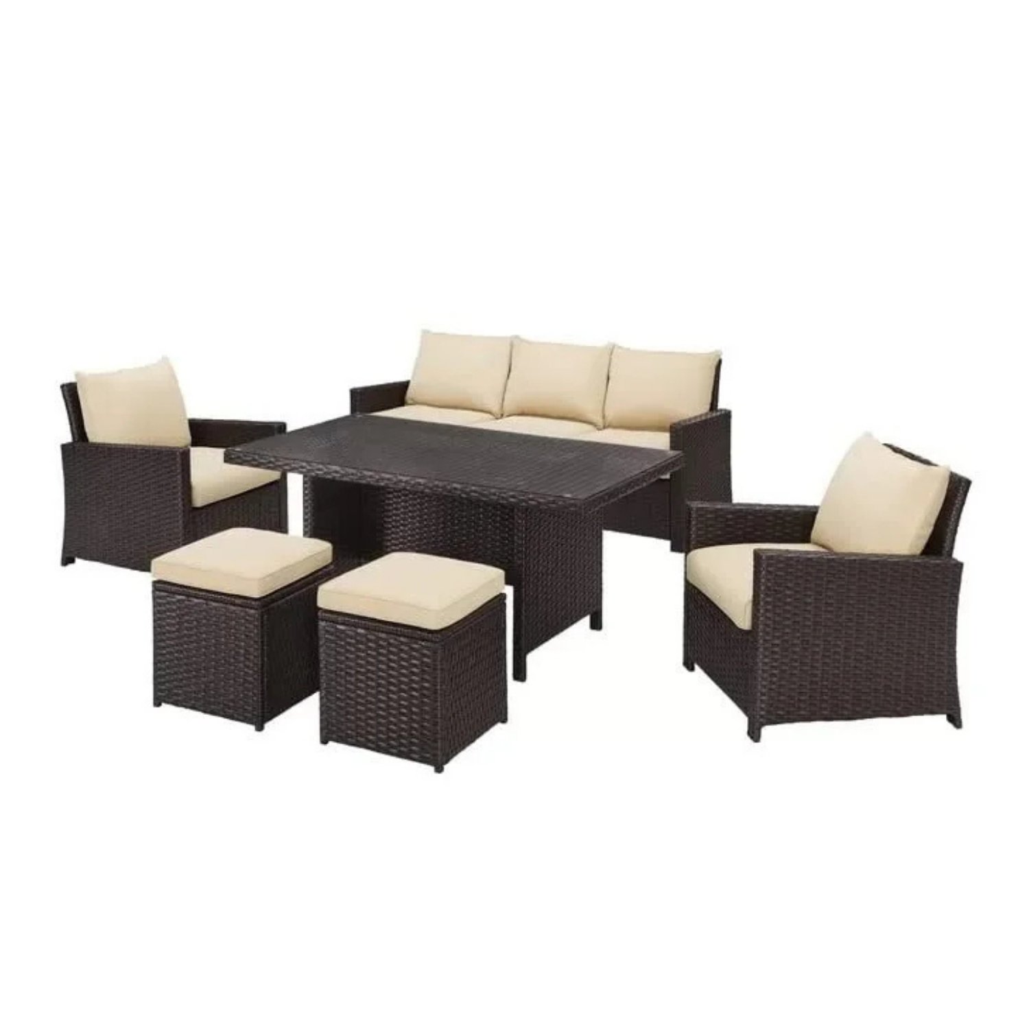 DEVOKO Outdoor All-Weather Wicker Rattan Sofa Set (Dark Brown & Cream)