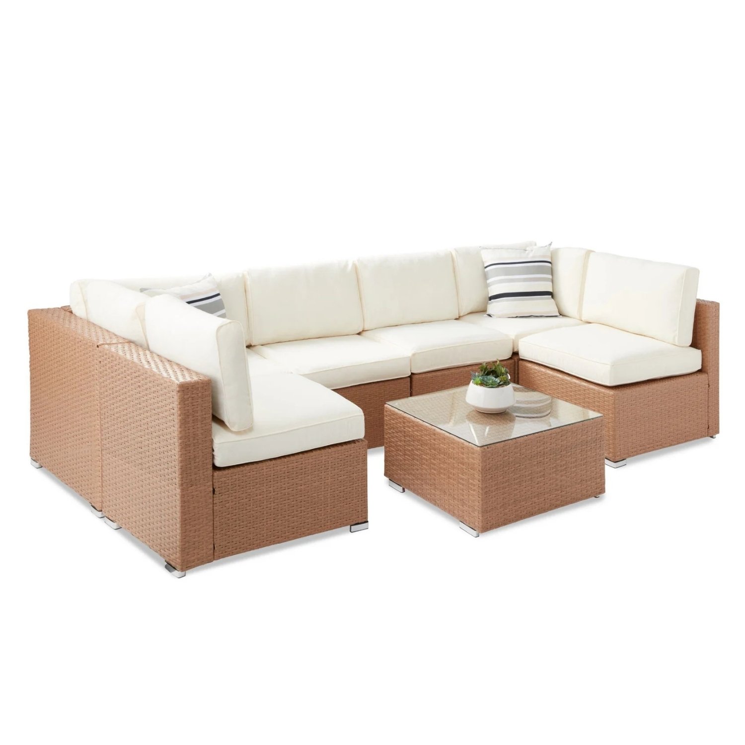 5 pcs Outdoor Patio Furniture Wicker Sectional Sofa Set (Beige and Off White)