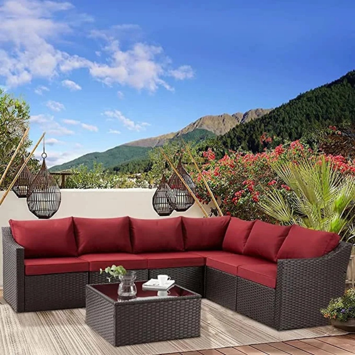 3-Piece Dark Brown Rattan Wicker Patio Set with Cushions and Table (Dark Brown/Red)