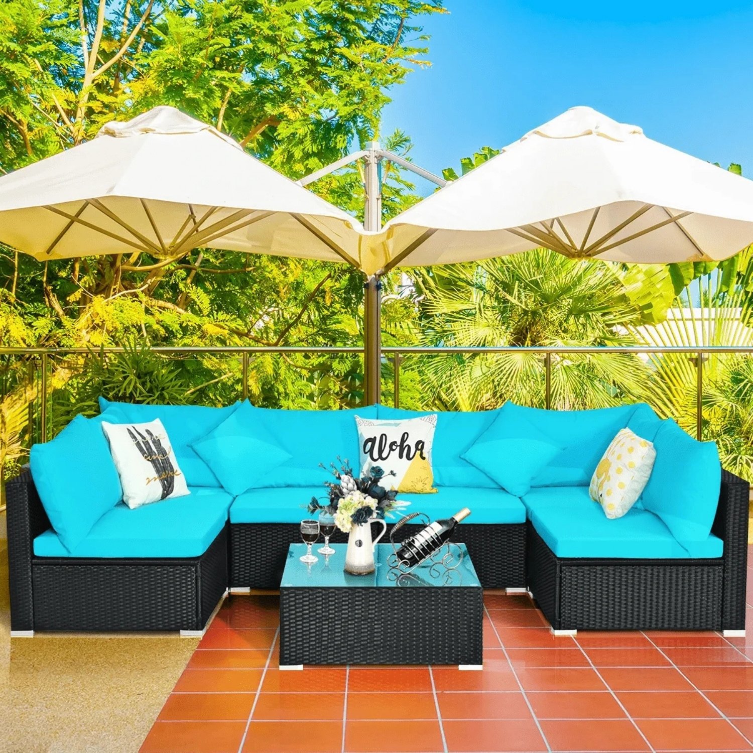 5 Pieces Outdoor Patio Furniture Wicker Sectional Sofa Set (Turquoise Blue and Black)