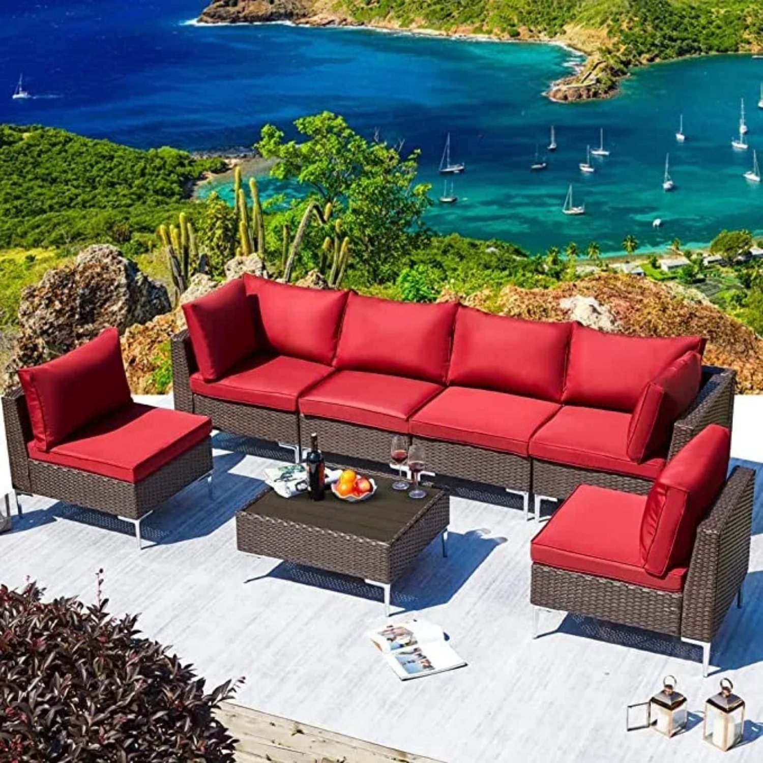 5-Piece Outdoor Sectional Sofa Set with Cushions & Coffee Table: Dark brown & Red