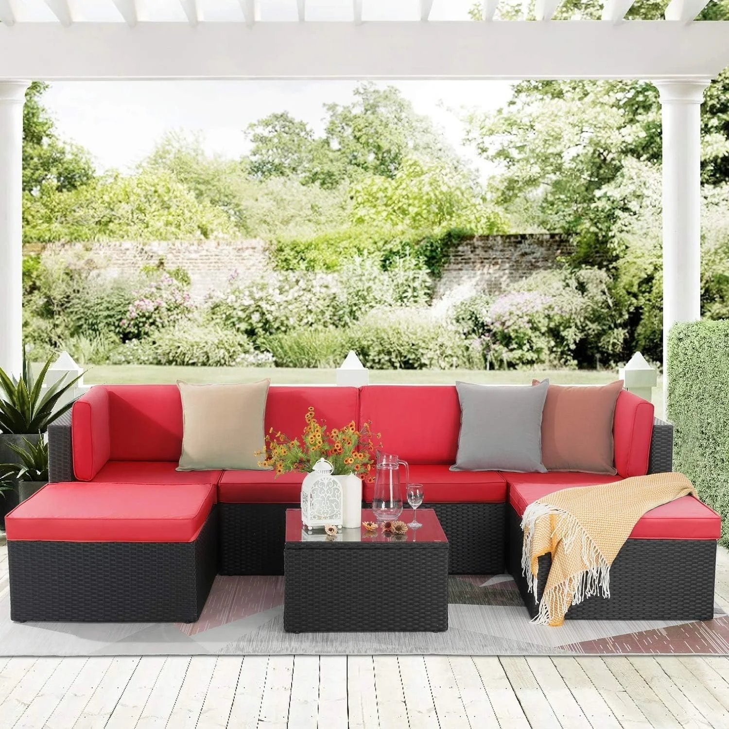7-Piece Rattan & Wicker Sectional Set (Black/Red)